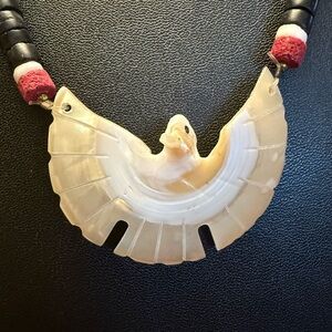 Vintage Hieshi Mother of Pearl Carved Bold Eagle Pendant Necklace